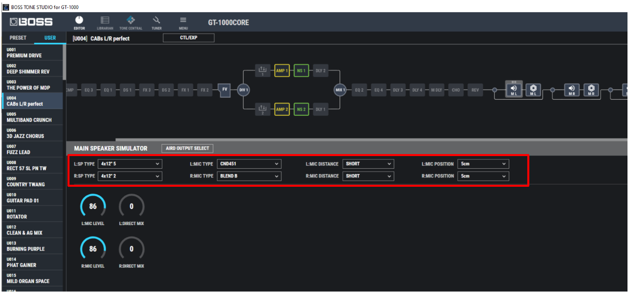 GT 1000 GT 1000CORE Deactivating STEREO LINK in the MAIN SPEAKER SIMULATOR causes one IR not to work Roland Corporation