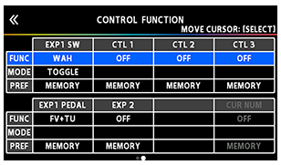 CONTROL FUNCTION 
MOVE CURSOR: SELECT) 
MODE 
PREF 
MODE 
p REF 
SW 
WAH 
TOGGLE 
MEMORY 
EXPI PEDAL 
MEMORY 
CTL2 
MEMORY 
MEMORY 
EXP 2 
MEMORY 
MEMORY 
CUR NUM 
MEMORY 