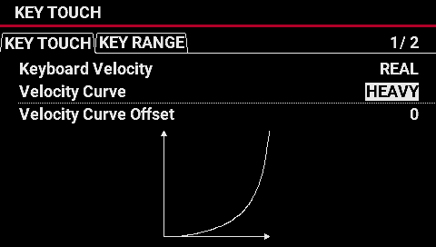 KEY TOUCH 
KEY TOUCH KEY RANGE 
Keyboard Velocity 
Velocity Curve 
Velocity Curve Offset 
1/2 
REAL 
HEAV 