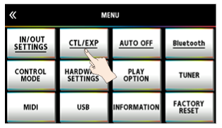 INIOUT 
SETTINGS 
CONTROL 
MIDI 
CTL/EXP 
HARD 
SETTIN 
AUTO OFF 
PLAY 
OPTION 
I WORMATION 
FACTORY 